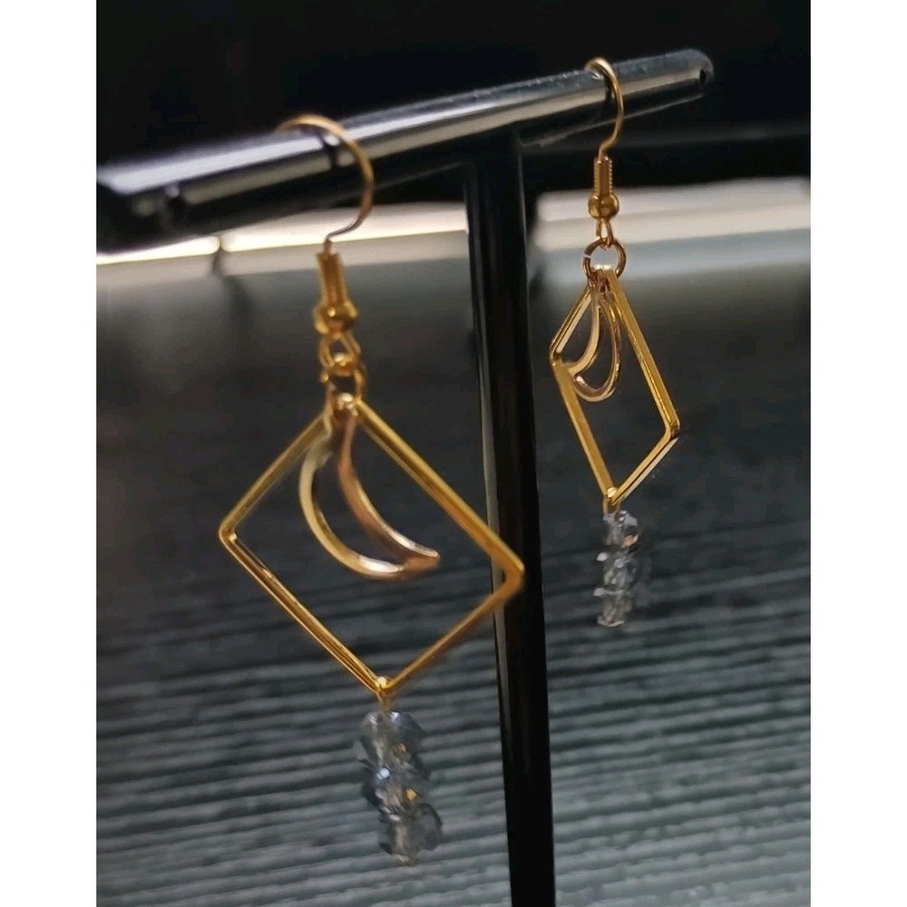 Gold Tone Crescent Moon Geometric Dangle Earrings Blue Bead 2" Drop Boho